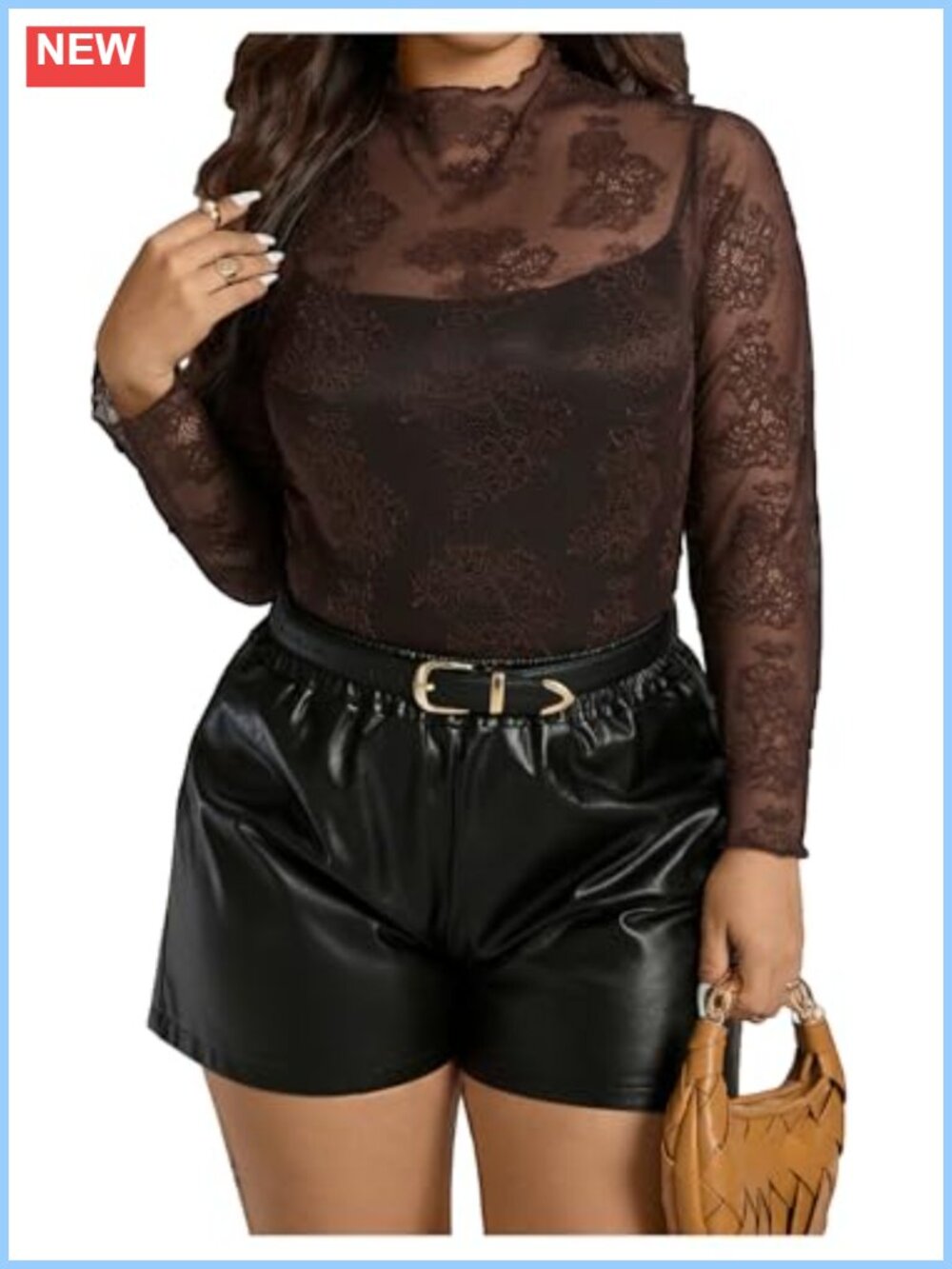 Plus Size Sheer Lace Mesh Mock Neck Long Sleeve Top